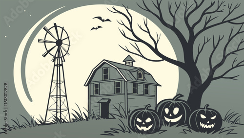 Illustration of a spooky halloween scene with a barn, pumpkins, windmill and bats under a full moon