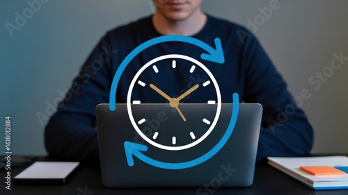 Maximizing Productivity and Profit: A person interacting with a laptop displaying a clock icon, illustrating efficient time management and financial growth strategies
