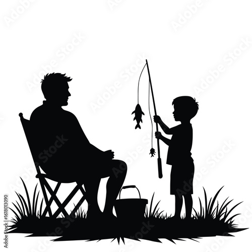 Father and son fishing together with caught fish reel