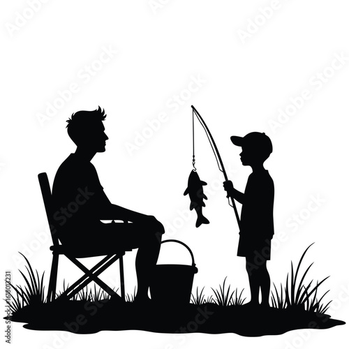 Father and son fishing together with caught fish reel
