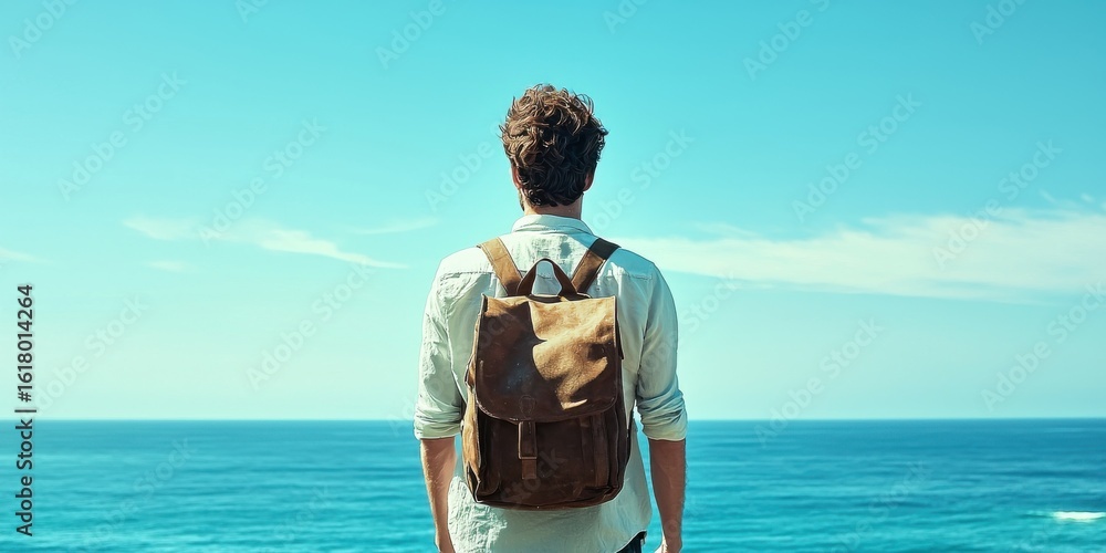 Fototapeta premium A person stands by the seaside, gazing at the vast ocean under a clear blue sky, embodying a sense of adventure and tranquility.