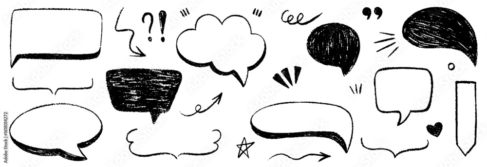 Fototapeta premium Crayon speech bubbles doodle set. Hand drawn chalk pencil communication frame, comic talk balloon in sketch style. Children pencil dialog balloon doodle text cloud. Vector illustration
