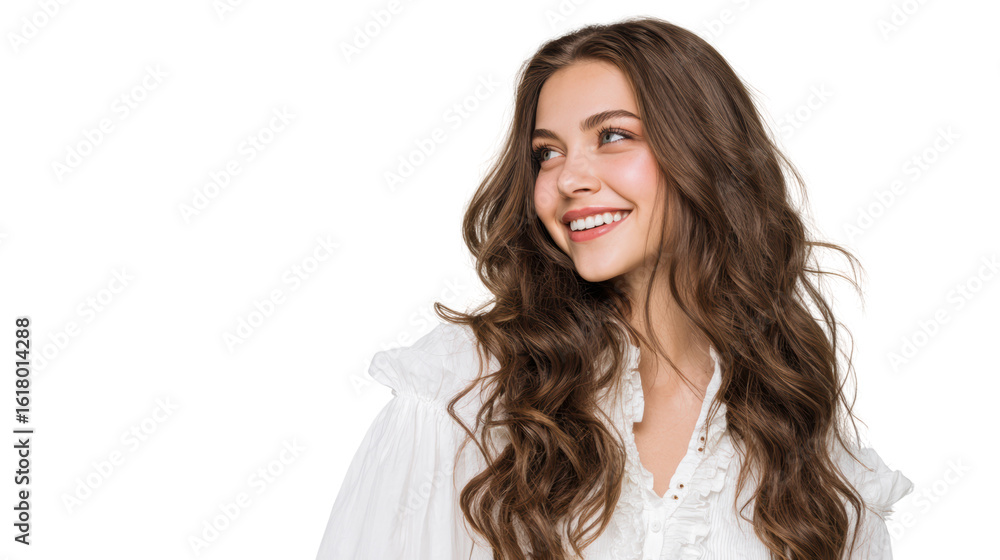 Smiling woman with long curly hair wearing a white blouse, isolated on a transparent background. Smiling woman with long curly hair wearing a white blouse, isolated on a transparent background.