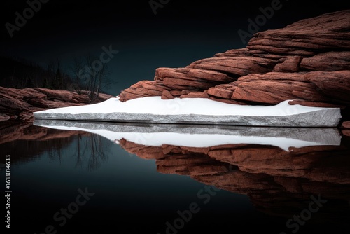 Frozen lake, red rocks, mirrored reflection