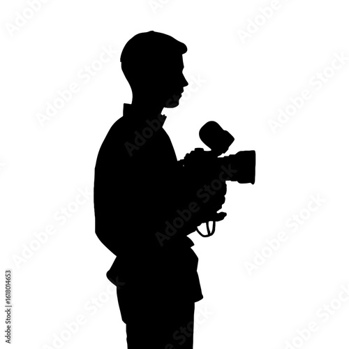 A silhouette of a cameraman holding a camera.