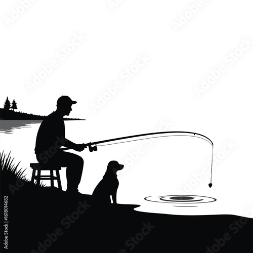 Fisherman and dog fishing by the lake water