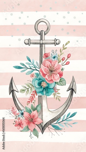 Anchor adorned with delicate watercolor flowers and leaves