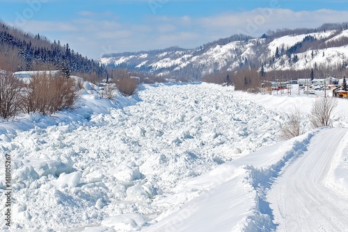 Winter river choked with massive ice floes