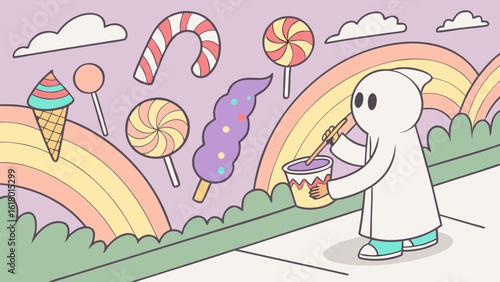 A whimsical scene featuring a ghost playing a drum surrounded by colorful candies and rainbows in a dreamlike world