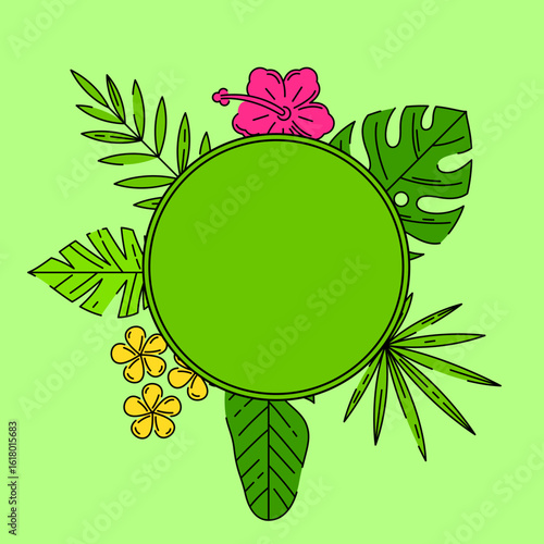 Background with stylized palm leaves. Decorative image of tropical foliage and plants.