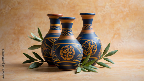 Three blue and tan decorative vases with olive branches