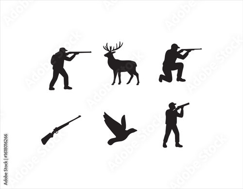 Hunting themed vector silhouette illustration featuring hunters aiming with rifles a deer and a flying bird for outdoor activities and conservation concepts