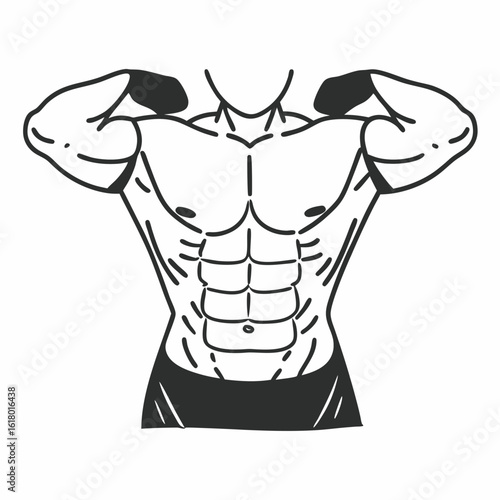 Muscular torso flexing arms showing abdominal muscles bodybuilder