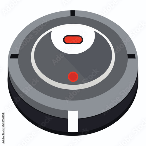 Round robot vacuum cleaner with red light isolated on white background