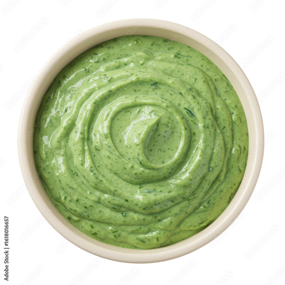 Obraz premium Creamy green sauce in a bowl, showcasing a smooth texture, ideal for culinary presentations