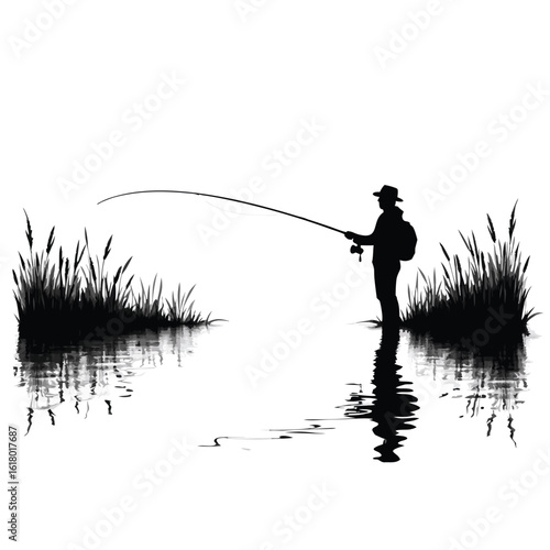Fisherman casting rod by reeds in water fishing reel