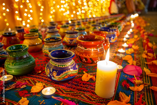 Colorful decorated pots with glowing candles pottery