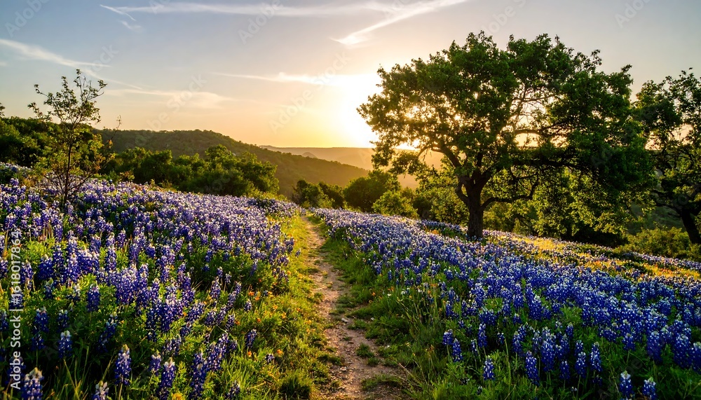 Fototapeta premium Golden Sunset Illuminates Bluebonnet Trail Through Lush Texas Hill Country Landscape