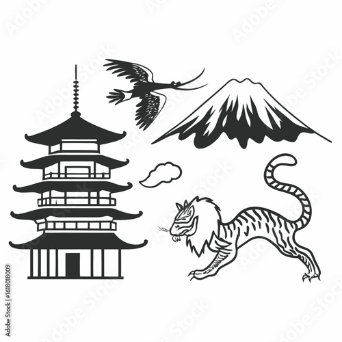 Minimilist black and white illustration of a pagoda crane mountain cloud and tiger in a japanese style art piece vector