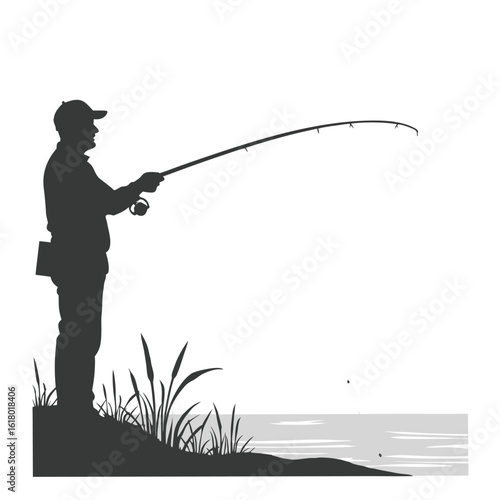 Fisherman casting rod by water with reeds fishing reel