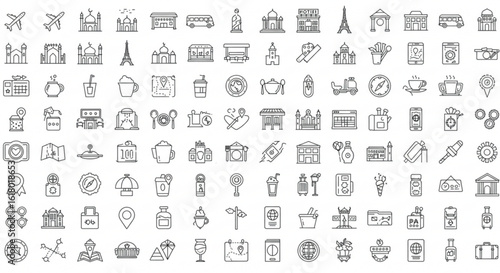 Line art icons depicting travel destinations landmarks and transportation related items in a grid layout vreated with genrated ai