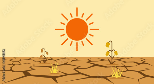 Stylized illustration depicts a cracked, dry landscape with wilted plants under a scorching sun, symbolizing drought and environmental challenges in a warm palette.