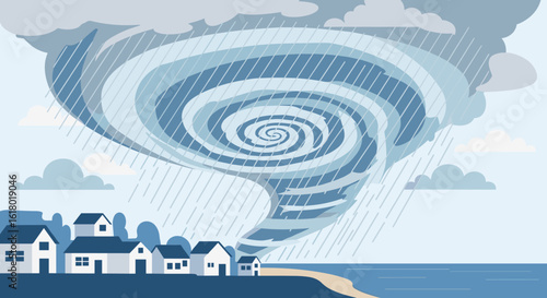 A powerful tornado descends upon a coastal town, visualized in a minimalist illustration with a dramatic, swirling vortex and heavy rainfall, conveying a sense of impending disaster.