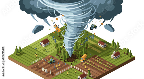 A powerful tornado wreaks havoc on a rural landscape, destroying homes, trees, and agricultural fields with destructive force.