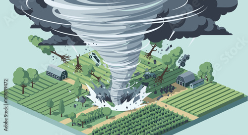 A powerful and destructive tornado illustration rips through a peaceful rural landscape, causing widespread damage to farmland, trees, and buildings.