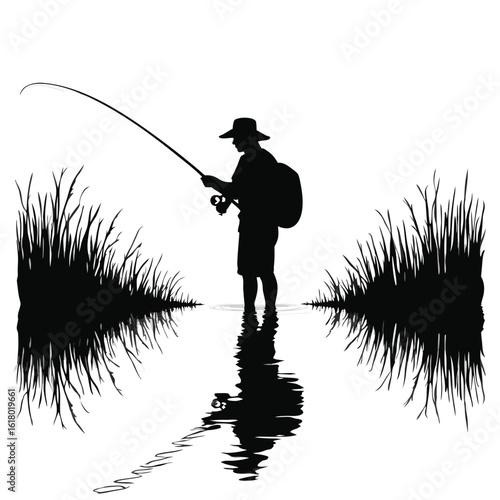 Fisherman casting rod in grassy water with reflections fishing reel