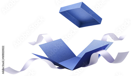 Naklejka Surprise gift box, blue color open gift box with ribbon