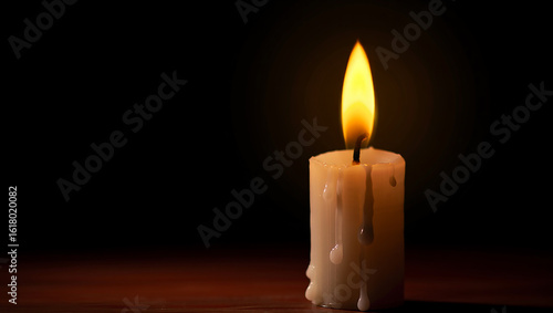 Burning candle with dripping wax flame light