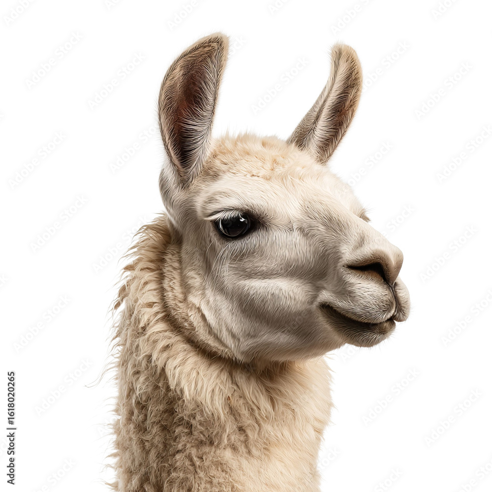 Obraz premium A close-up of a friendly light-colored llama with big ears and a gentle expression against a plain background.