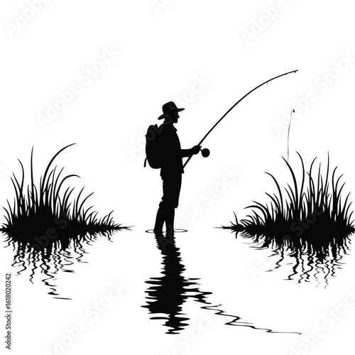 Fisherman casting rod in water with grass reflections fishing reel