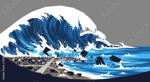 A giant tsunami wave crashes over a coastal town, destroying buildings and infrastructure in its path, depicting the devastating power of nature and the urgent need for disaster preparedness and