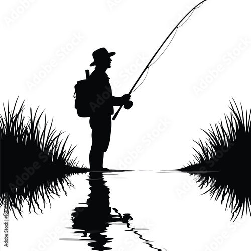 Fisherman casting rod in water with grassy banks fishing reel