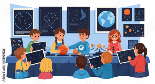 Children exploring planets and constellations at a science fair with a teacher