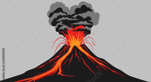 A dramatic cartoon illustration depicts a powerful volcanic eruption with molten lava flowing down the mountain and a large plume of smoke rising into the sky.