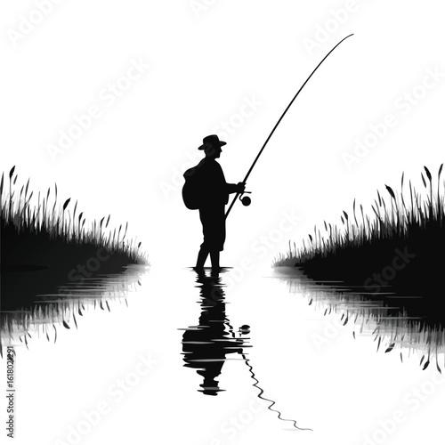Fisherman casting rod in water with reeds and reflection fishing reel