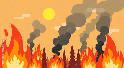 Vibrant flat illustration depicts a raging forest fire with intense flames and thick smoke billowing into a hazy orange sky.