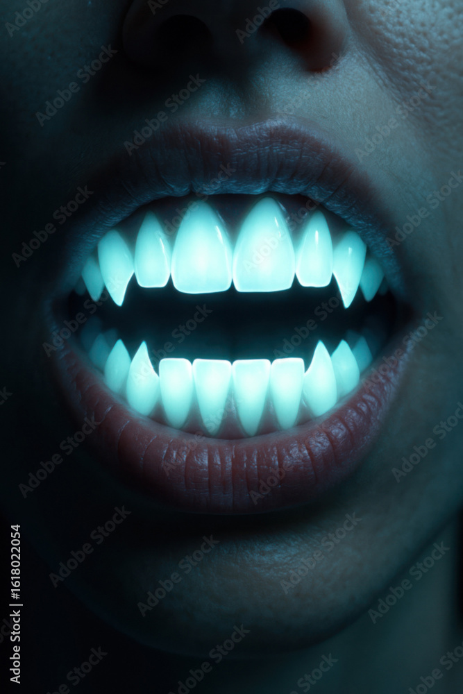 Naklejka premium Nighttime Horror Concept Featuring Glowing Fanged SmileIlluminated Monster Mouth with Sharp Teeth in Darkness