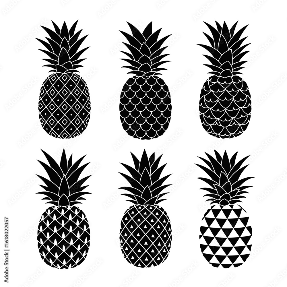 Fototapeta premium Patterned Black Pineapple Silhouettes Collection Vector illustration