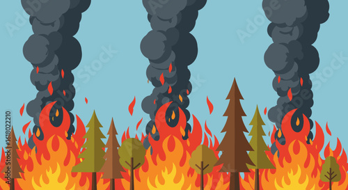 A vivid illustration showcasing a destructive forest fire with intense flames consuming trees and dark smoke billowing into the clear blue sky.