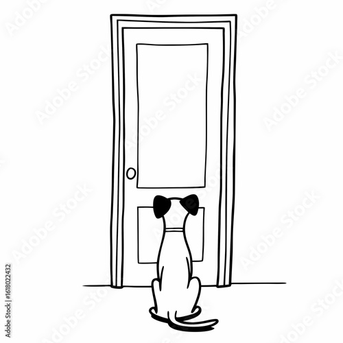 Black and white line drawing of a dog sitting and waiting at a door animal