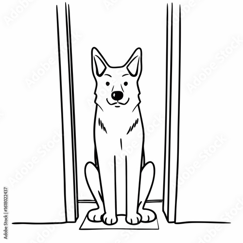 Black and white line drawing of a dog sitting at a doorway on a white background threshold line art