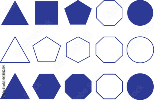 Blue geometric shapes triangle square pentagon hexagon octagon circle vector