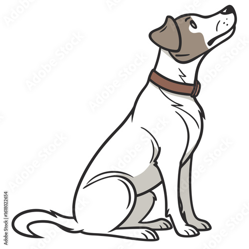 Cartoon dog sitting patiently wearing a brown collar looking up attentively stay obedient