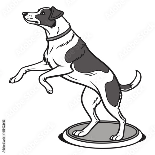 Cartoon dog standing on a grey balance disc with white background illustration training