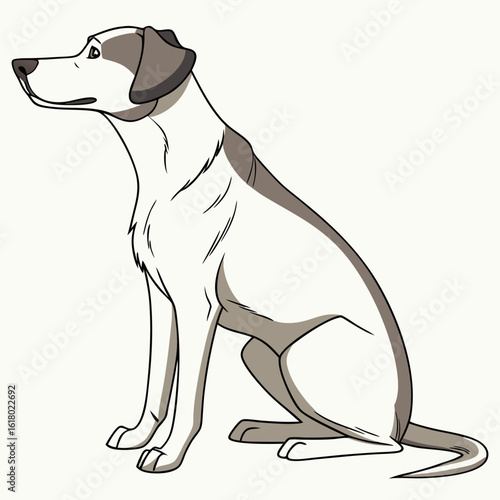 Cartoon dog sitting patiently with grey and white markings on a plain background animal canine