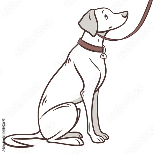 Cartoon dog sitting patiently with a brown leash and collar on a white background animal canine